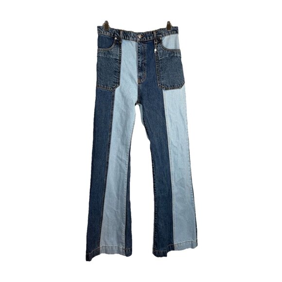 Revice Denim Jeans Woodstock Panelled Hi-Waist Flare Pants Women's Size 31 Blue - Picture 1 of 13